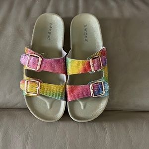 Rainbow rhinestone slide sandals